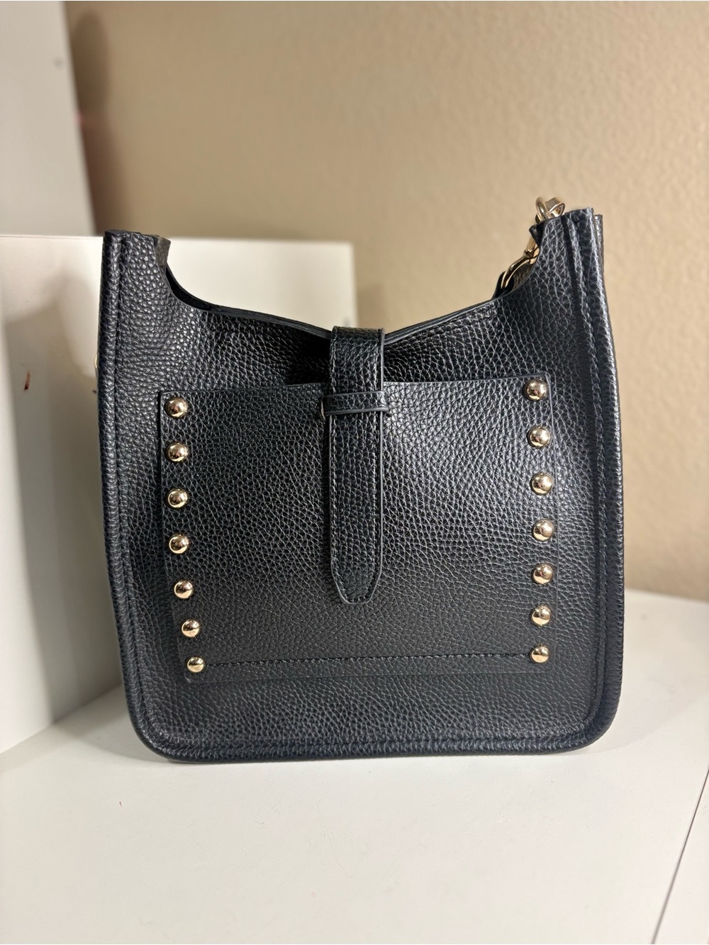 PRÜNE Black Studded Crossbody Bag Pebbled Leather Messenger Gold Tone